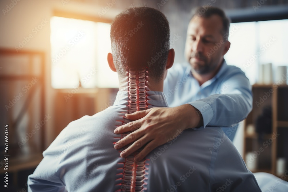 Orthopedic nurse stretching spinal cord and shoulder of elder patient ...