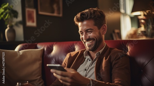 Portrait of cheerful man with credit card using mobile phone in living room at home