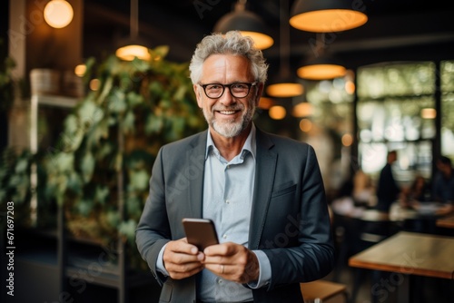 Portrait of successful senior entrepreneur using smart phone