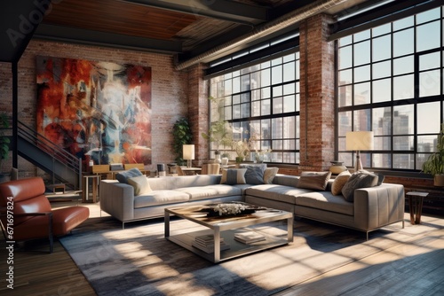 Wallpaper Mural Elegant loft-style apartment interior with expansive windows, abstract wall art, modern furnishings Torontodigital.ca