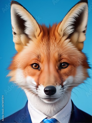 a fox a suit looking at the camera, animal photography, art photography, blue backgr