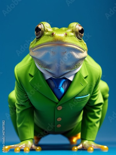a frog a suit looking at the camera, animal photography, art photography, blue backgr