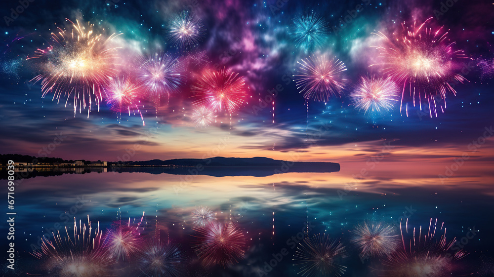Colorful fireworks of various colors over night sky - obrazy, fototapety, plakaty 