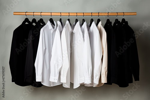 Several shirts on a hanger from white to black color range