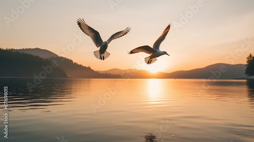 Pair of Birds Flying Over a Calm Lake at Sunrise. generative AI  © yj