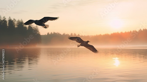 Pair of Birds Flying Over a Calm Lake at Sunrise. generative AI 