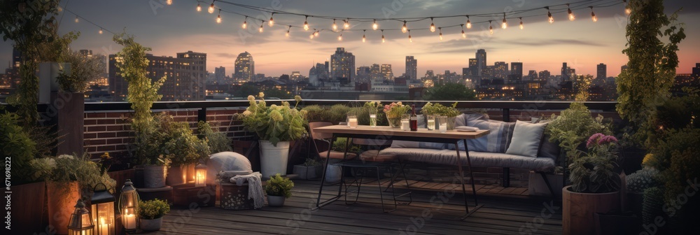 urban terrace city skyline during sunset, adorned with plants, cozy furniture, and ambient lighting - obrazy, fototapety, plakaty 