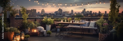 urban terrace city skyline during sunset, adorned with plants, cozy furniture, and ambient lighting photo