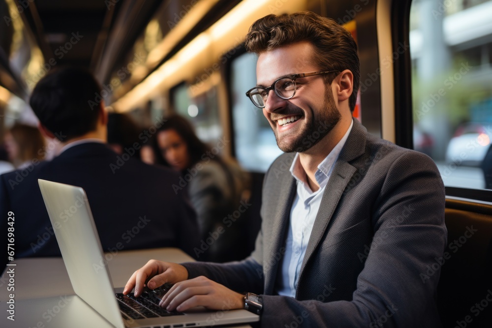 Smiling businessman working on laptop while traveling on the passenger train. Smiling businessman working on laptop while traveling on the passenger train.