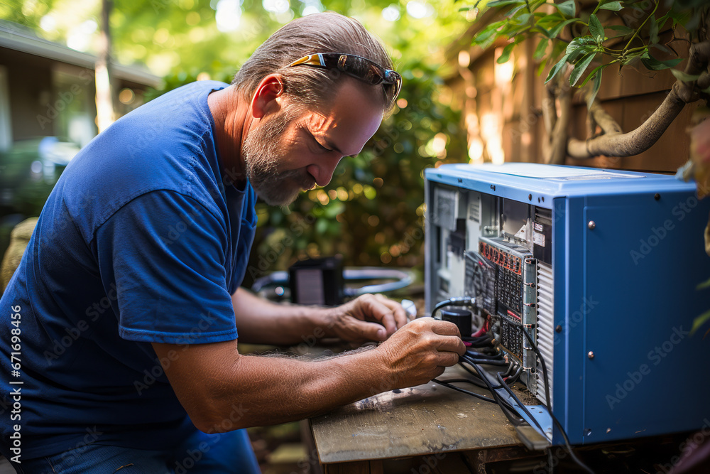 Blue-clad technician repairing heat pump unit, checking wires and service log. Blue-clad technician repairing heat pump unit, checking wires and service log.