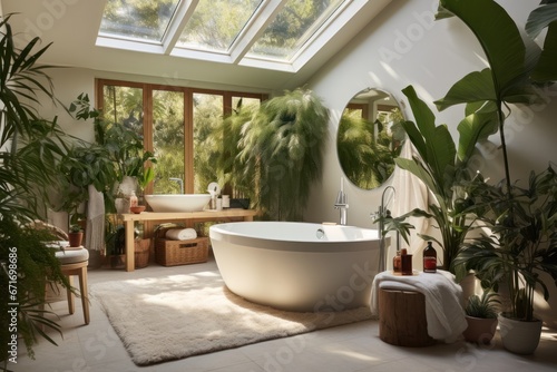 Luxurious bathroom sanctuary bathed in sunlight  freestanding tub  lush indoor garden
