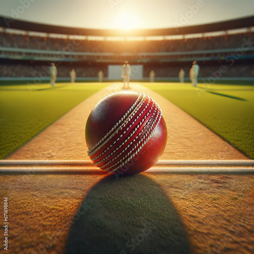 Realistic Cricket Red Ball in The middle of cricket ground. AI Generated photo