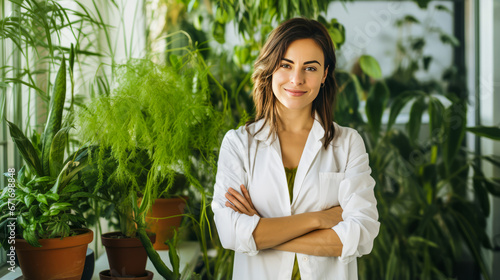 Young European naturopath in plant-filled, modern office.