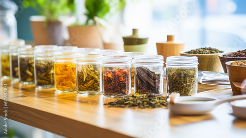 Asian naturopath with herbal teas on wooden table, by window. photo