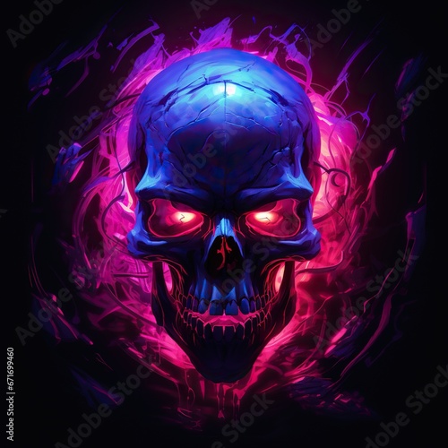 Bright blue skull against a background of pink and purple fiery shadows