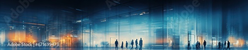 Modern glass building at sunset, with silhouettes of adult people of various races moving through corridors overlooking the cityscape. Business banner.