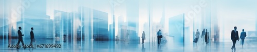 Multiple blurred figures of adults moving through a modern urban landscape with tall buildings and bluish reflections. Business banner.