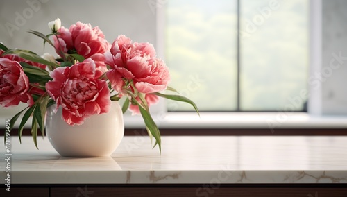 Vase with pink peonies on a marble surface by the window.