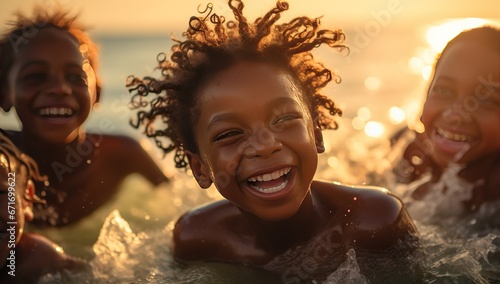 Happy dark-skinned teenage boy with long curly hair swimming at sunset.