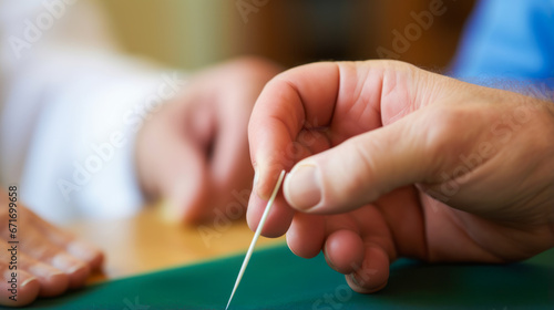 Hand holding acupuncture needles, blurred older naturopath in background.