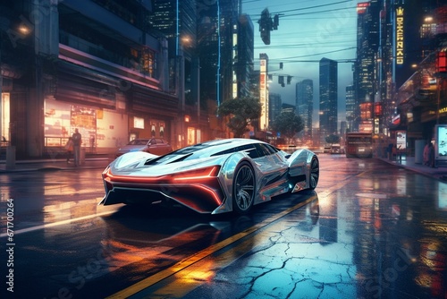 Futuristic car races through urban streets. Generative AI © Aida