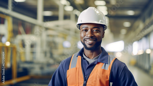 Portrait of african american successful builder worker contractor wearing hard hat and safety vest standing on a commercial building construction site. 