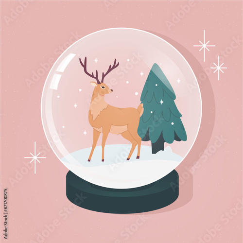 Deer In Glass SnowBall. Xmas Present Decoration Sphere Template 
Designed In Retro.  Christmas crystal snow globe with xmas tree. Podium under transparent glass dome. Color isolated illustration