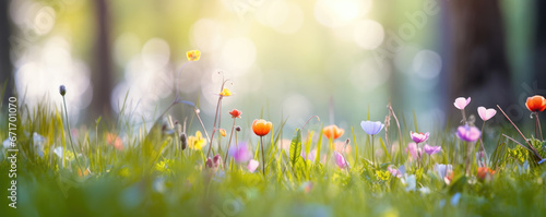 The landscape of colorful flowers in a forest with the focus on the setting sun. Soft focus  © Jasmina