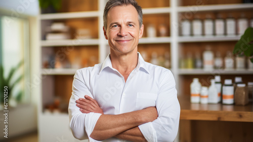Middle-aged European naturopath standing with crossed arms in well-lit office photo
