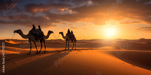 Indian cameleer bedouin with camel silhouettes in sand dunes of thar desert on sunset A camel caravan with the sun setting behind it, generative AI photo