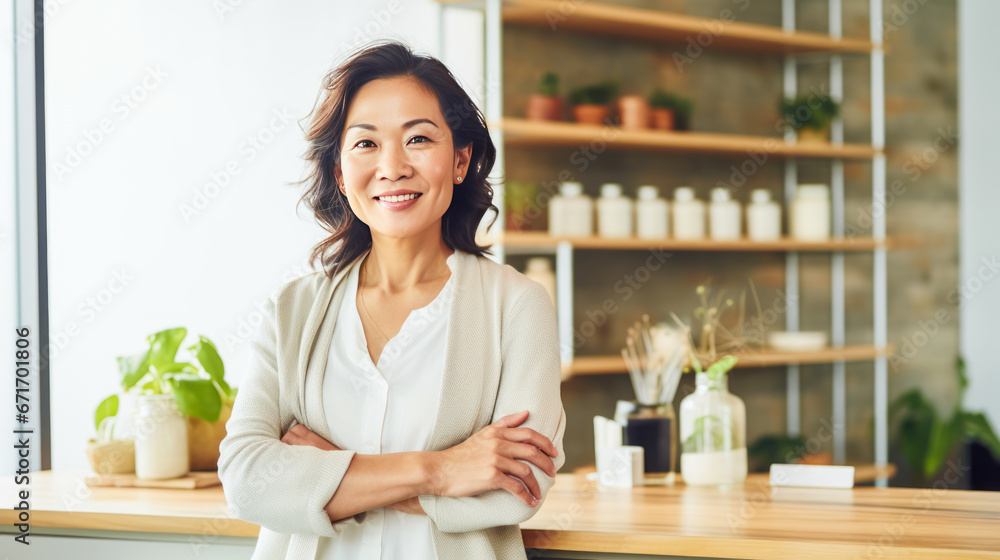 Middle-aged Asian naturopath standing by treatment table in natural light. - obrazy, fototapety, plakaty 