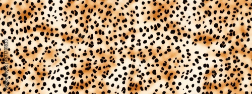 Seamless soft fluffy leopard print, cheetah spots African safari wildlife camouflage pattern. Realistic golden brown long pile animal skin rug, fur coat fashion background texture