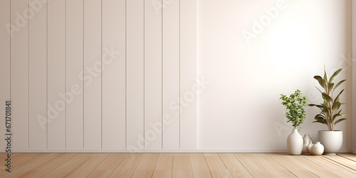 A Serene White Vase Among Lush Green Plants in a Room with a Wooden Floor and White Wall Background
