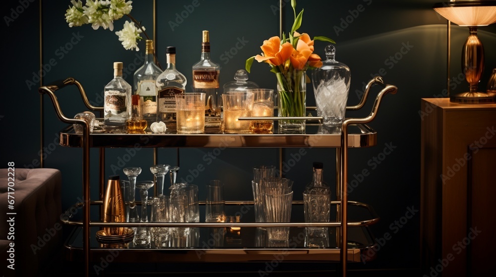an elegant mid-century bar area with a retro cocktail cart and vintage glassware. - obrazy, fototapety, plakaty 