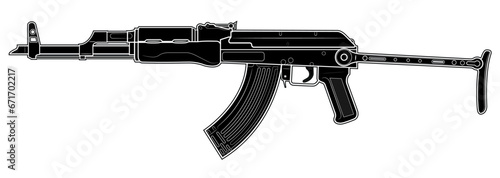 Vector illustration of AK47 assault carbine with unfolded steel stock. Black. Left side.
