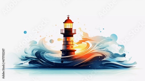 Ein Leuchtturm von tobenden hohen Wellen umgeben. Eine künstlerische Darstellung.