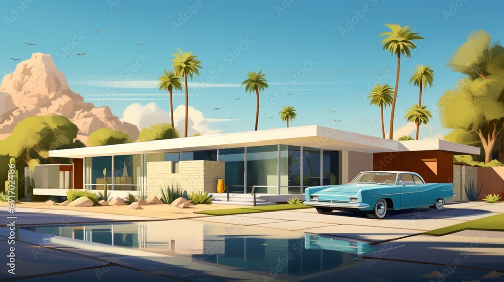 timeless elegance of a mid-century modern house, its architecture under the clear, blue sky
