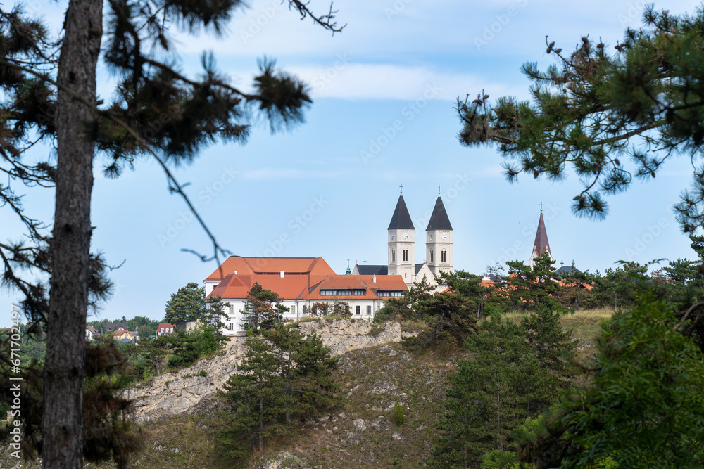 A view of the historic downtown of Veszprem framed by pine trees