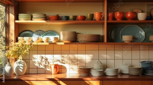  modern crockery set with intricate patterns, bathed in the soft colors of a sunlit room