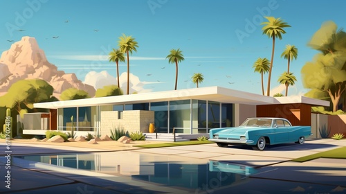 timeless elegance of a mid-century modern house, its architecture under the clear, blue sky © Artistic_Creation