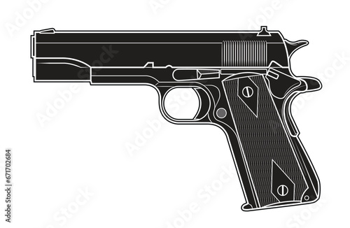Vector illustration of the Colt 1911 automatic pistol with diamonds on the facings on the white background. Black. Left side.