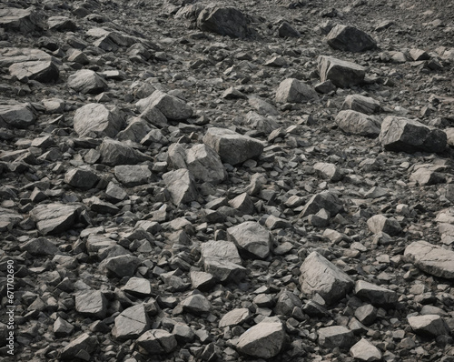 pile of coal on the ground, dusty land with rocks