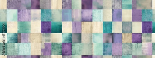 Seamless vintage lavender teal blue ikat patchwork squares pattern surface design. Tileable abstract retro violet, canvas beige and mint green woven textile effect mosaic background texture.