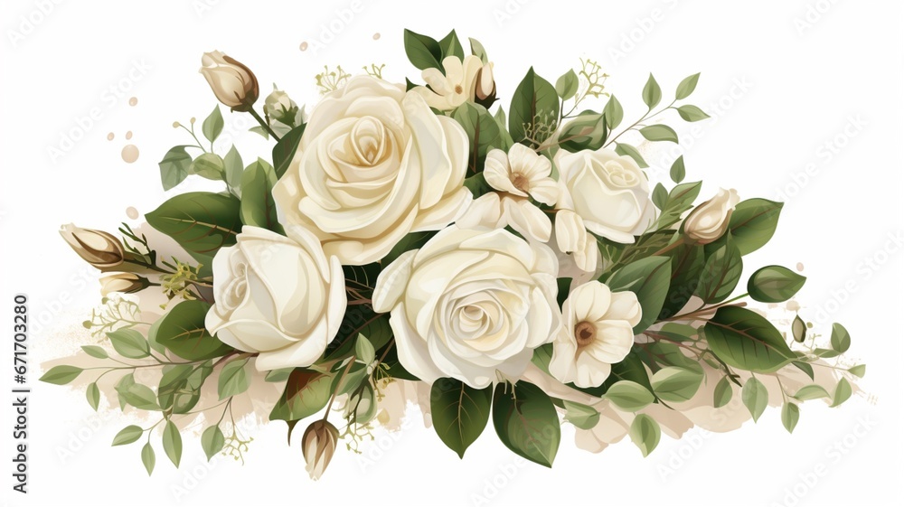 Beautiful floral bouquet of white roses and green leaf ai generative
