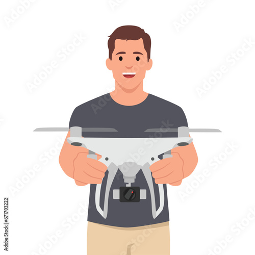 Drone with controller in hands of man. Isolated personage with unmanned aerial vehicle. Small aircraft with camera. Flat vector illustration isolated on white background