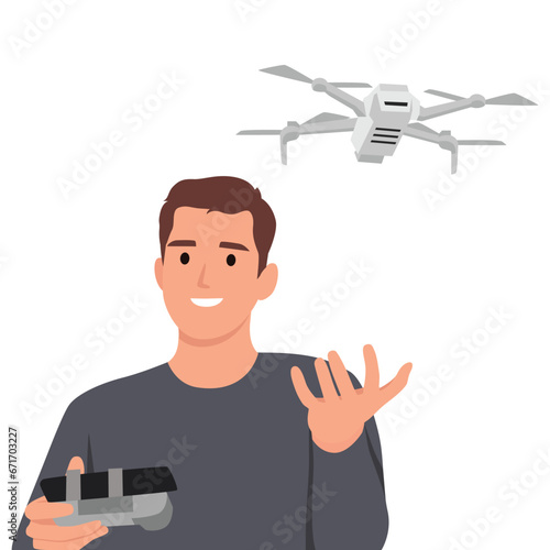 Young man with drone quadrocopter, Remote aerial drone with a camera taking photography or video recording game, isometrics businessman. Flat vector illustration isolated on white background