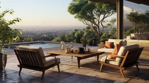 a mid-century outdoor patio with a geometric design, lounge chairs, and a stunning view.