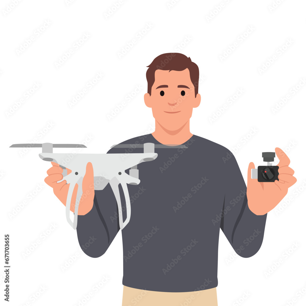 Drone with controller in hands of man. Isolated personage with unmanned aerial vehicle. Small aircraft with camera. Flat vector illustration isolated on white background Drone with controller in hands of man. Isolated personage with unmanned aerial vehicle. Small aircraft with camera. Flat vector illustration isolated on white background
