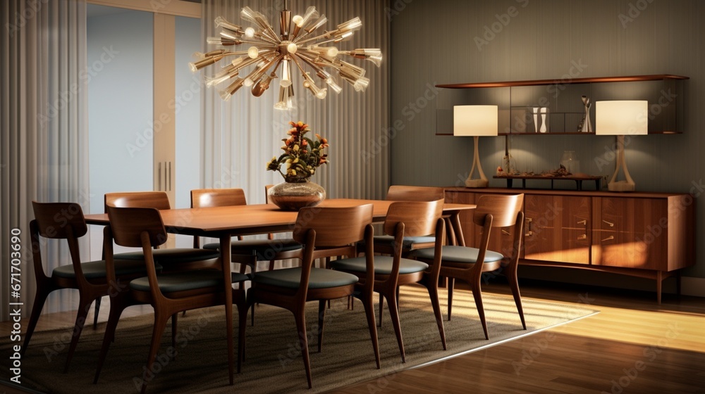 a sophisticated mid-century dining area with a statement chandelier and teak furniture