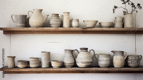 a serene mid-century crockery display on a rustic, weathered shelf in soft, natural light.